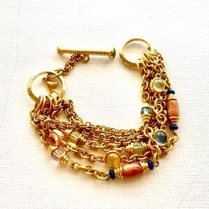 Olci 5 Strand Gold Tone Bracelet with Muticolored Beads/Crystals and T-Bar Close